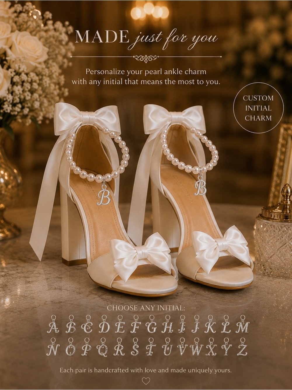 Luxury Personalized Bridal Heels Pearl Ankle Strap Satin Bow Wedding Shoes